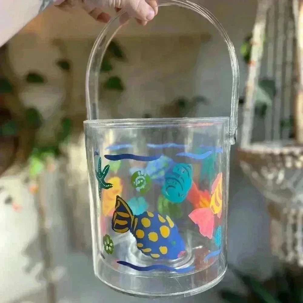 Vintage 90’s Acrylic Ice Bucket Retro Clear Tropical Fish & Beach Theme Decor